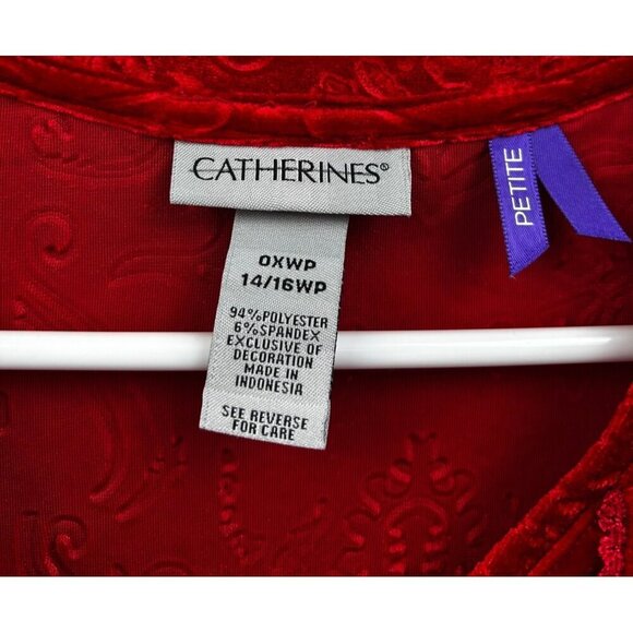 NWOT Catherines Red Embossed Velvet Top V-Neck 3/4 Sleeve 14/16WP Petite - Picture 2 of 7